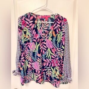 Lilly Pulitzer Vibrant Leaf Print Blouse - Pink and Blue